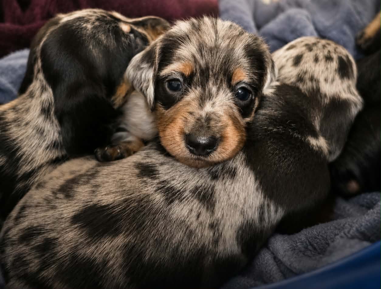 A pile of miniature dachshund puppies with one silver dapple puppy looking up at the camera